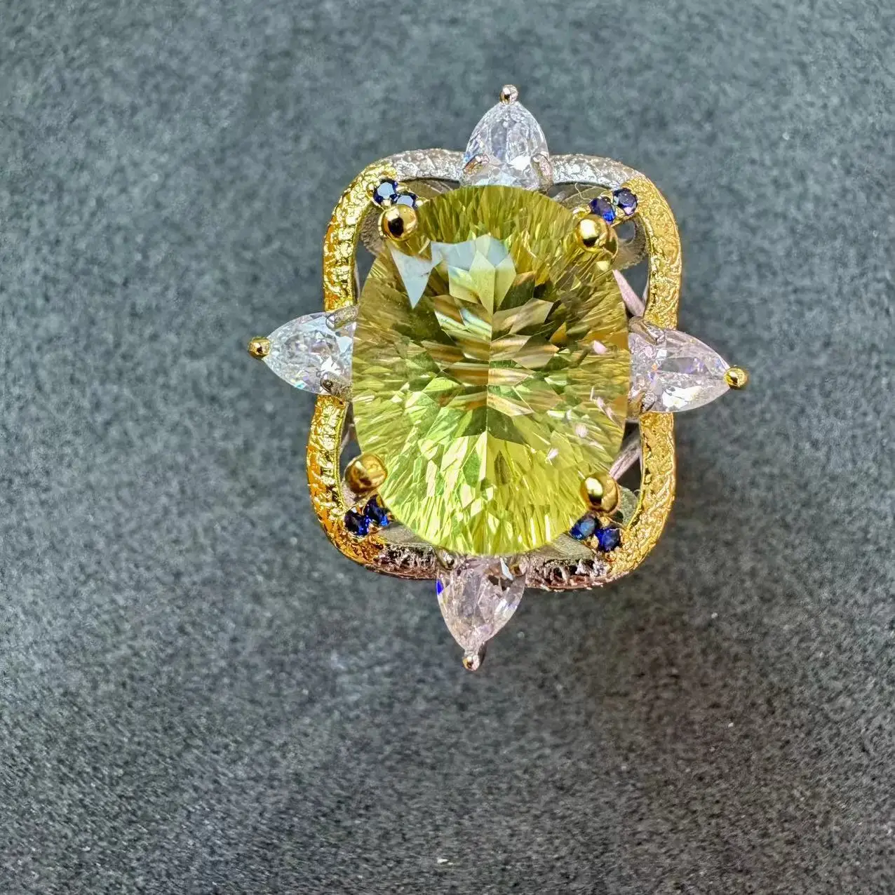 

Кольцо из натурального лимонного кварца, серебро 925 пробы, регулируемое, двухцветное, ручной работы, с эффектом ореола, с драгоценным камнем, для женщин, 12x16 мм