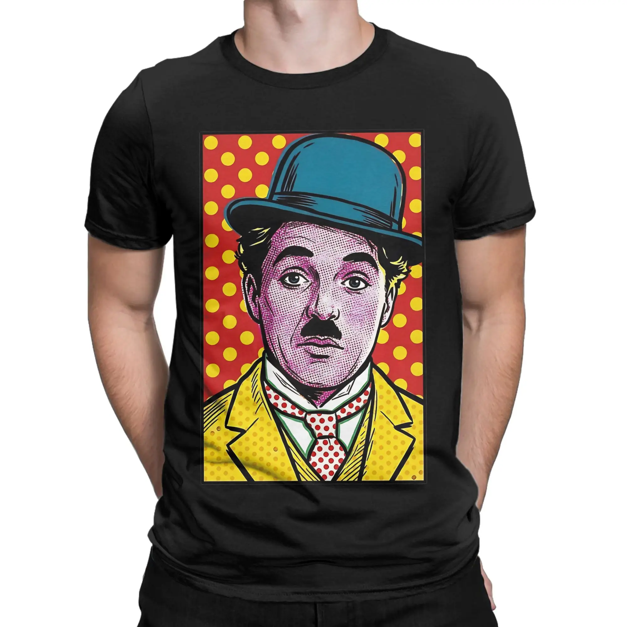 Camiseta de algodón 100% con diseño de sombrero de bombín azul, estilo Pop Art retro, retrato cinematográfico de Charlie Chaplin, clásica y divertida, para hombre.