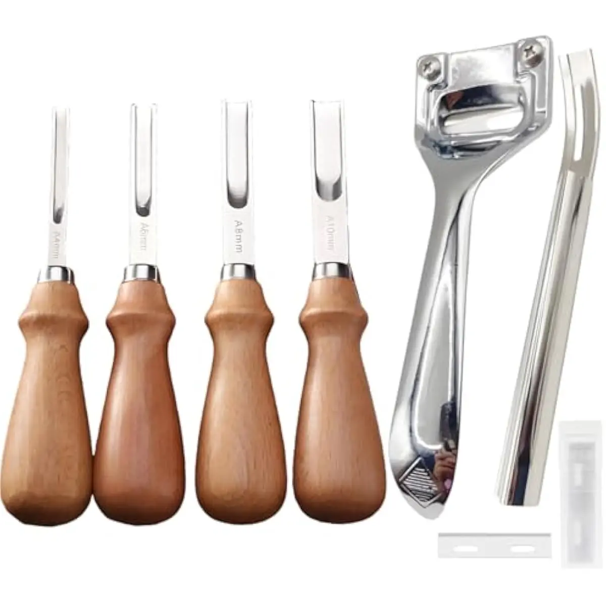 Leather Edge Skiving Beveler and Metal Leather Skiver Knife Tool Set, Wide Mouth Edge Skiving Beveler (4/6/8/10mm), Leather Cutt