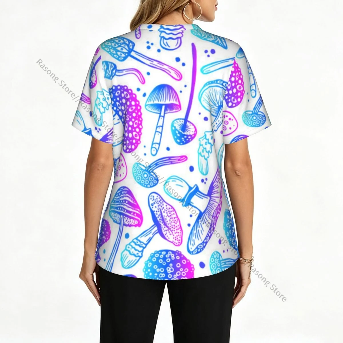 Women V Neck Scrub Top Psilocybin Mushrooms Pattern Short Sleeve Nurse Hospital Uniforms Female Working Clothes with Pocket