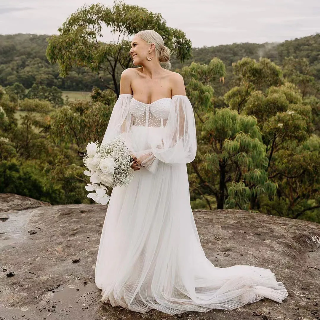 2022 moda branco vestidos de casamento fora do ombro andar comprimento puff manga vestidos de noiva vestido de festa de casamento vestidos de formatura robes