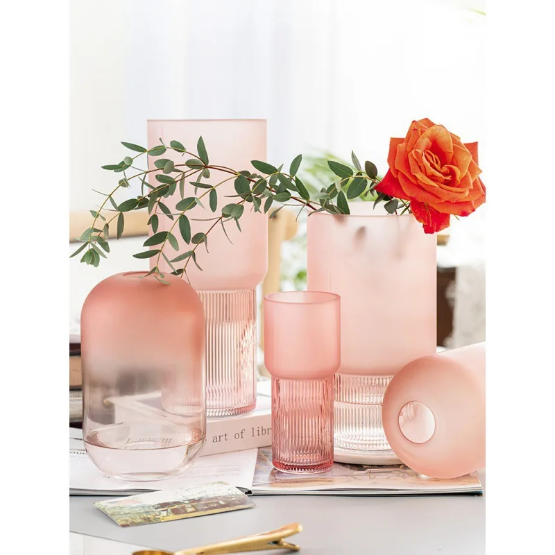 

Creative Simple Nordic Ins Wind Glass Vase, Pink Frosted Model, Flower Ornaments for Living Room, Decorative Ornaments