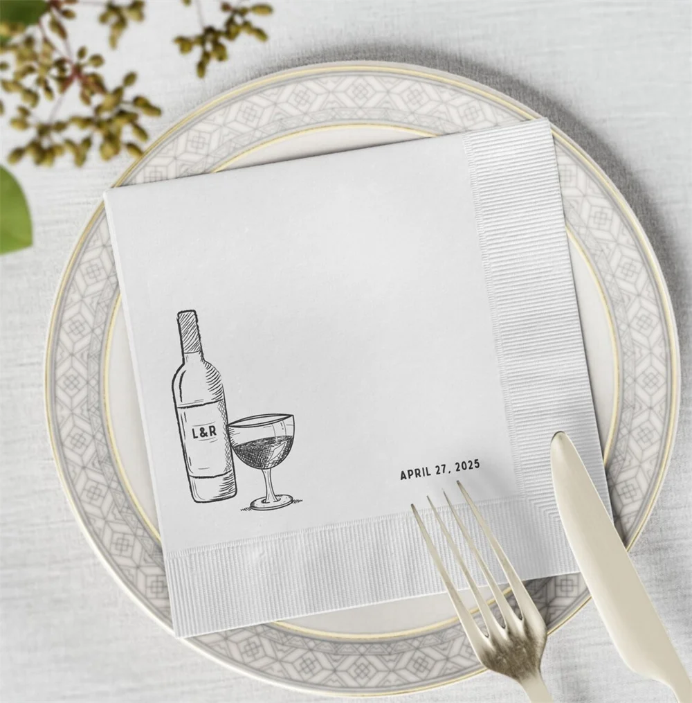 50PCS Customised Wine Bottle White Napkins, Personalisation Cocktail Napkin for Wedding and Birthday Special Occassion, Cocktail