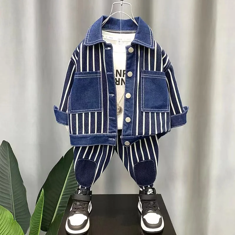 2PCS Denim Outfits Personality Striped Jacket+Sport Trousers for Baby Boys Clothing High Quality Spring Autumn New 2023 Kids Set