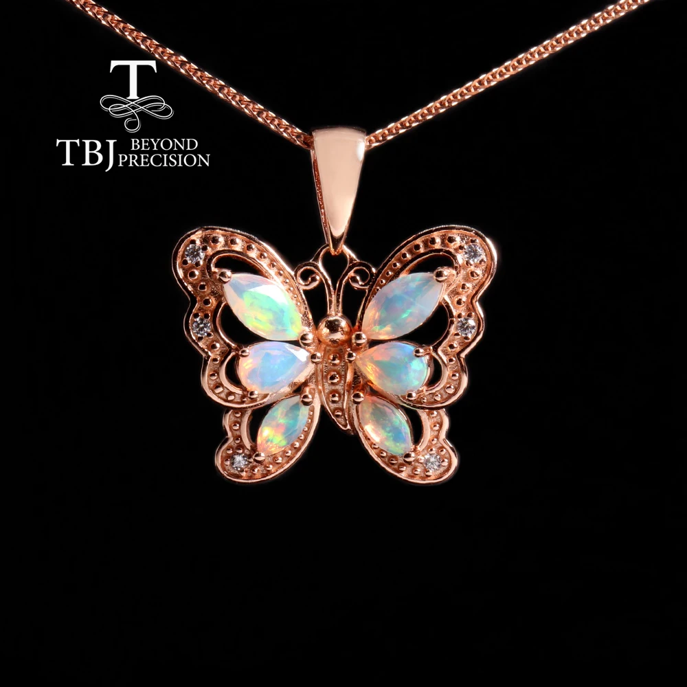 

Gorgeous butterfly shape design October Birthstone Natural Opal 18K rose gold and silver pendant necklace Women and girl gift
