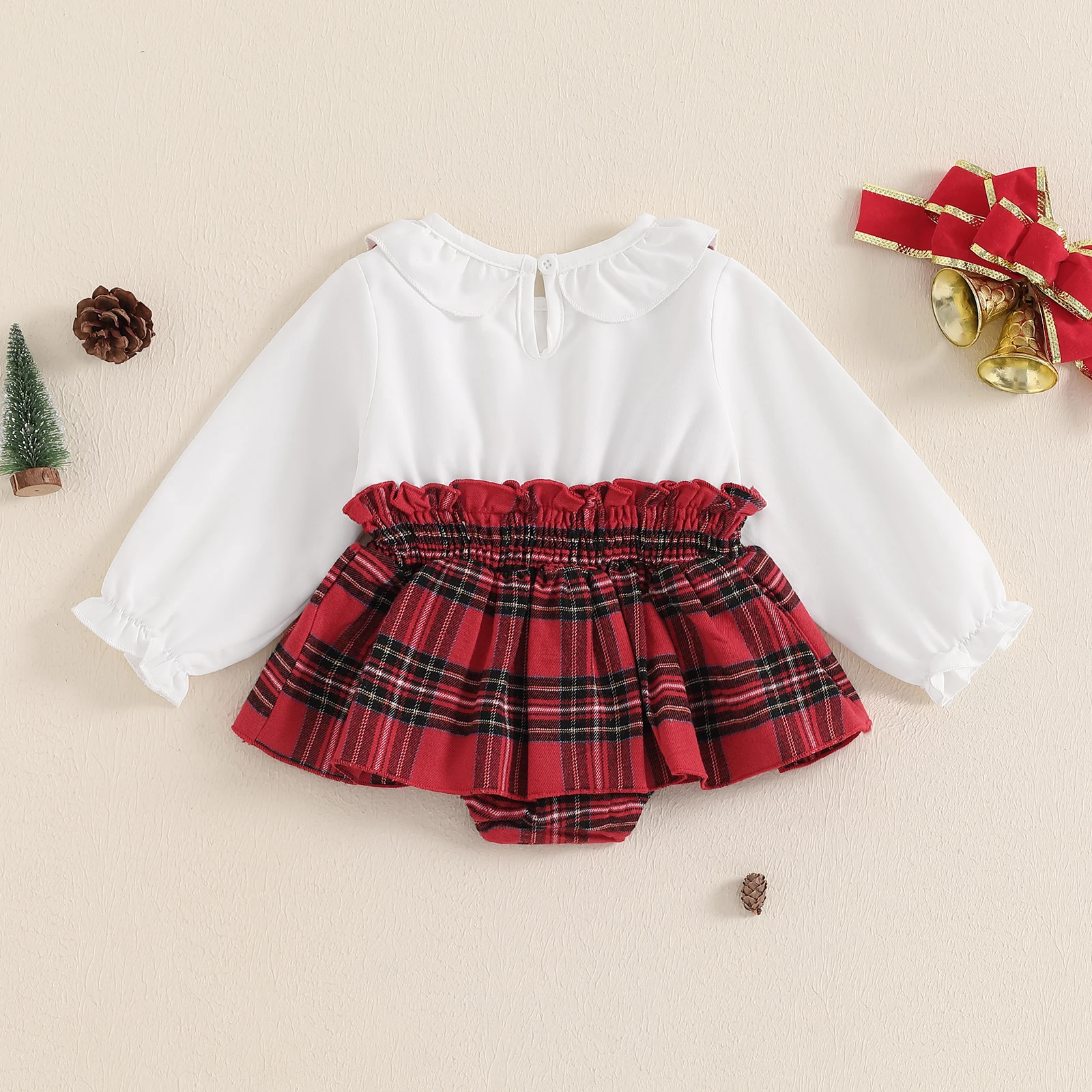 Baby Girl Christmas Bodysuit Long Sleeve Doll Collar Plaid Print Romper Dress Newborn Winter Playsuit