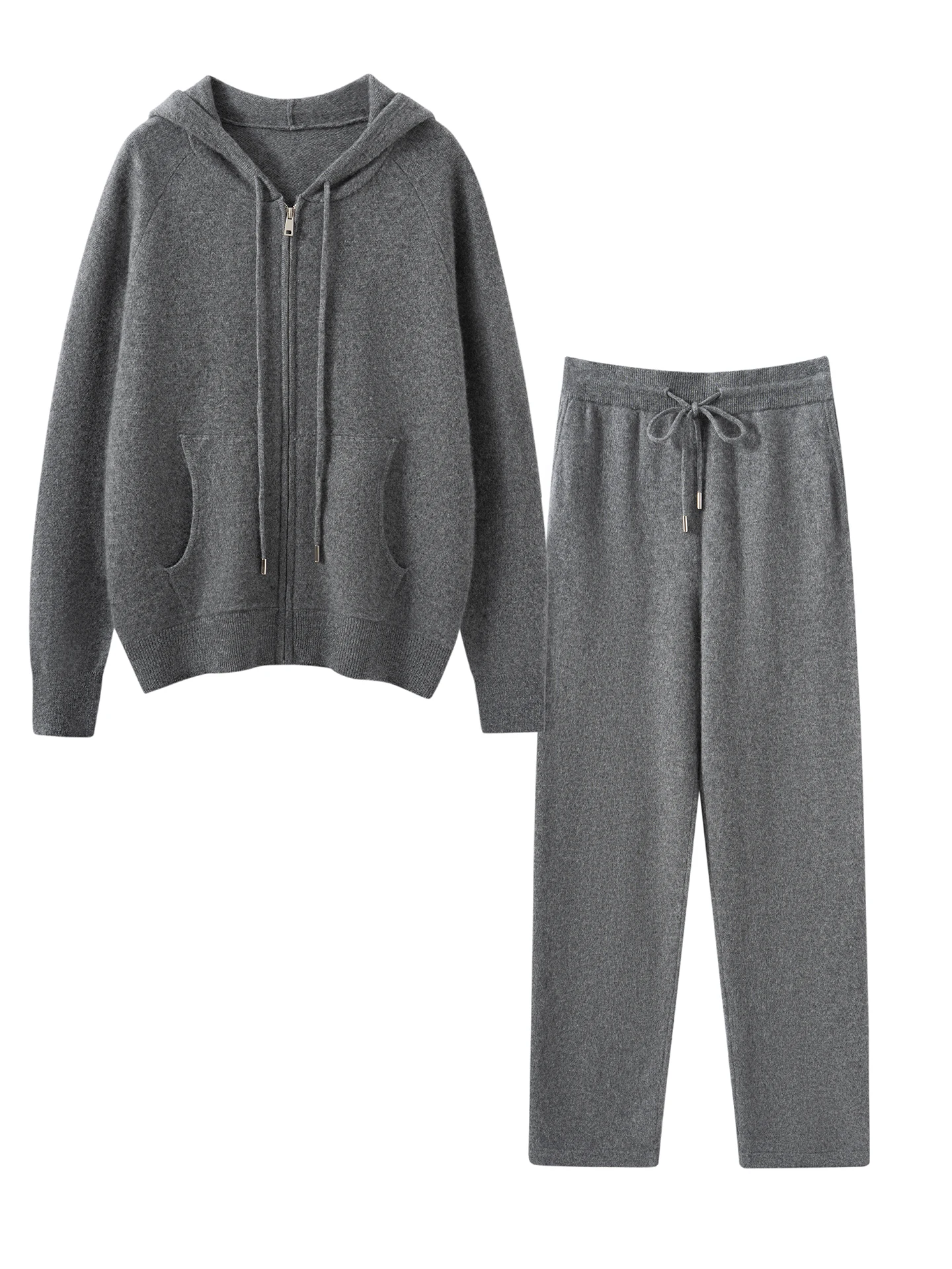 

Chic Grace Women's Hooded Cardigan Sweater Pants 100% Cashmere Two-Piece Set Autumn Winter Warm Light Soft Casual Loose Suits