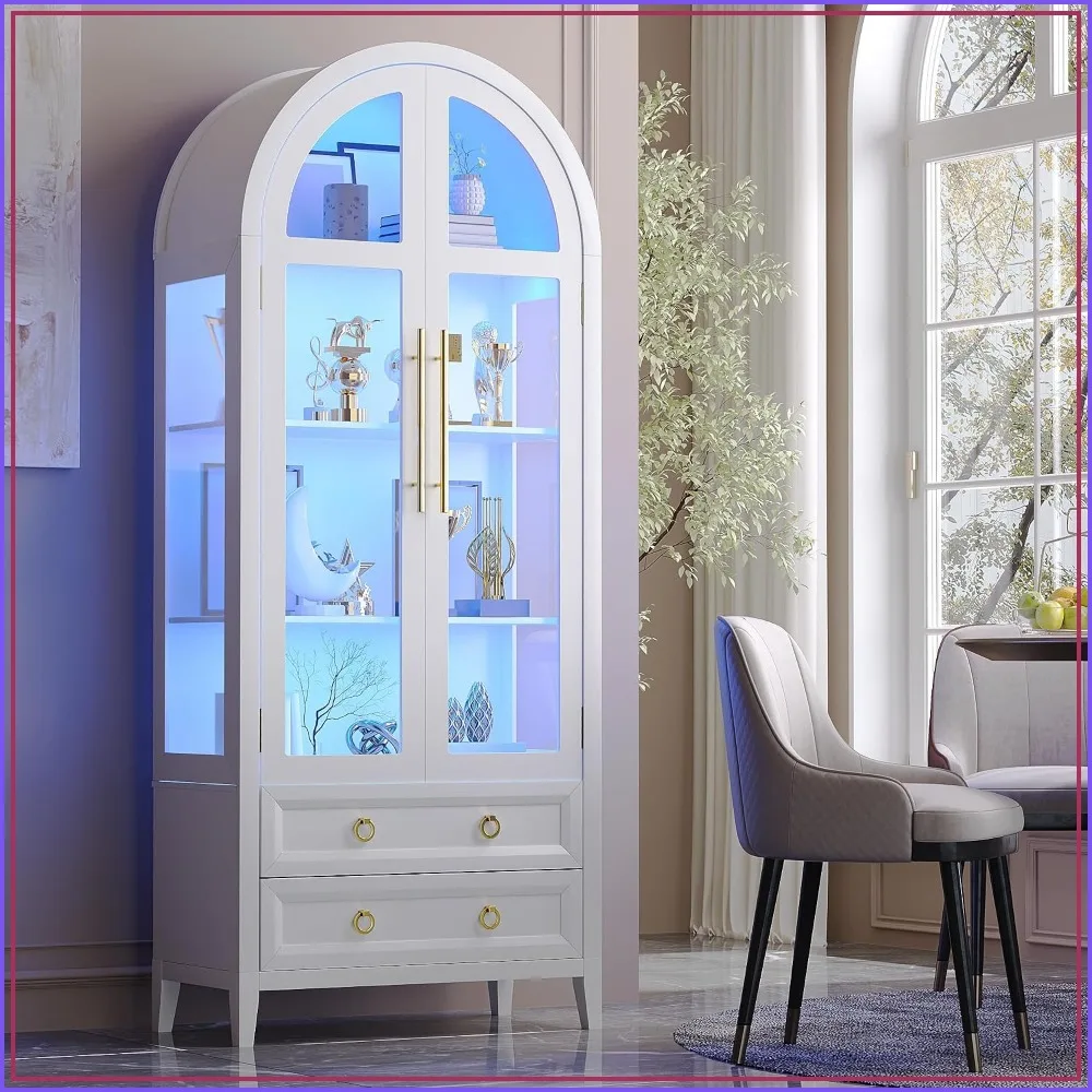 Arched Curio Cabinet 71 Inch Tall, 4-Tier Display Cabinet with 2 Drawers for Living Room