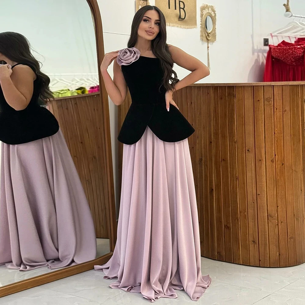 

Customized Exquisite High quality Simple Jersey Flower Straight O-Neck Long Dresses Prom Dresses Formal Simple Fashion