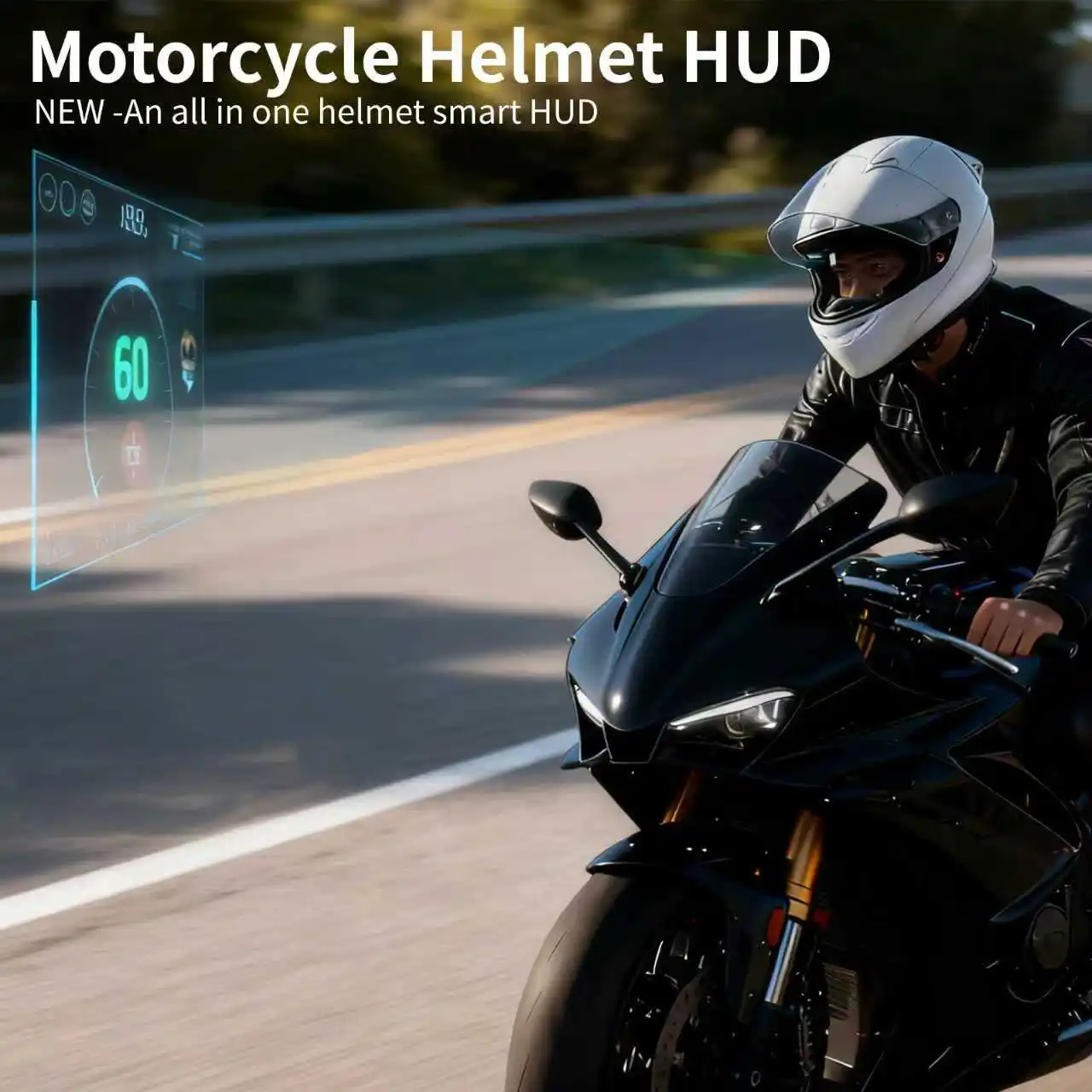 

Мотоциклетный шлем с HUD-дисплеем, навигационным устройством, функцией записи вождения, Bluetooth-наушниками и камерой заднего вида.