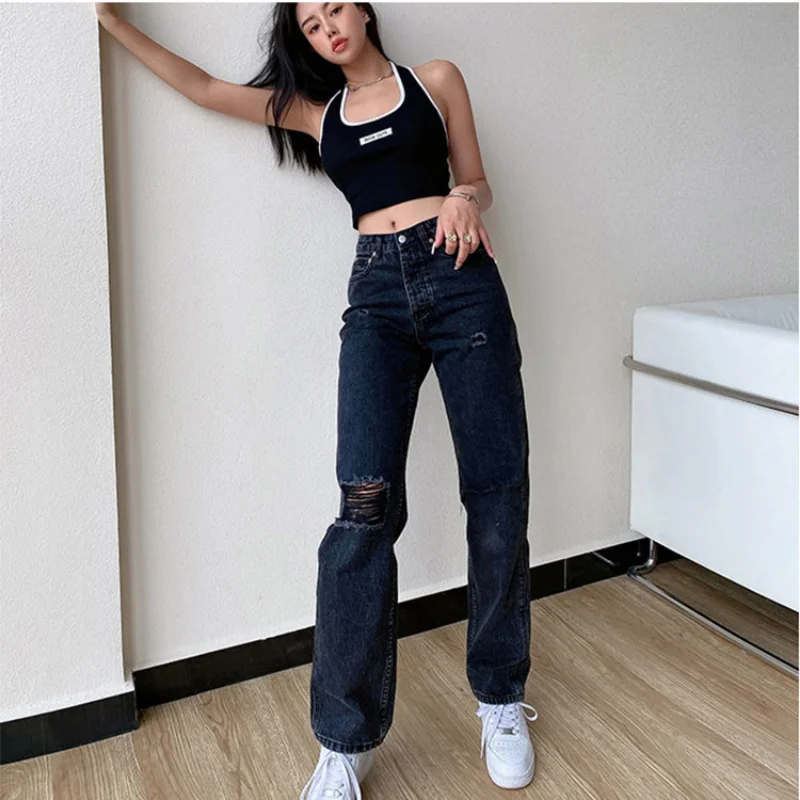 2023 New Fashion Casual Women's Jeans Casual Wide Leg Wash Water Hole Middle Waist Commuter Jeans Women Baggy Jeans Women