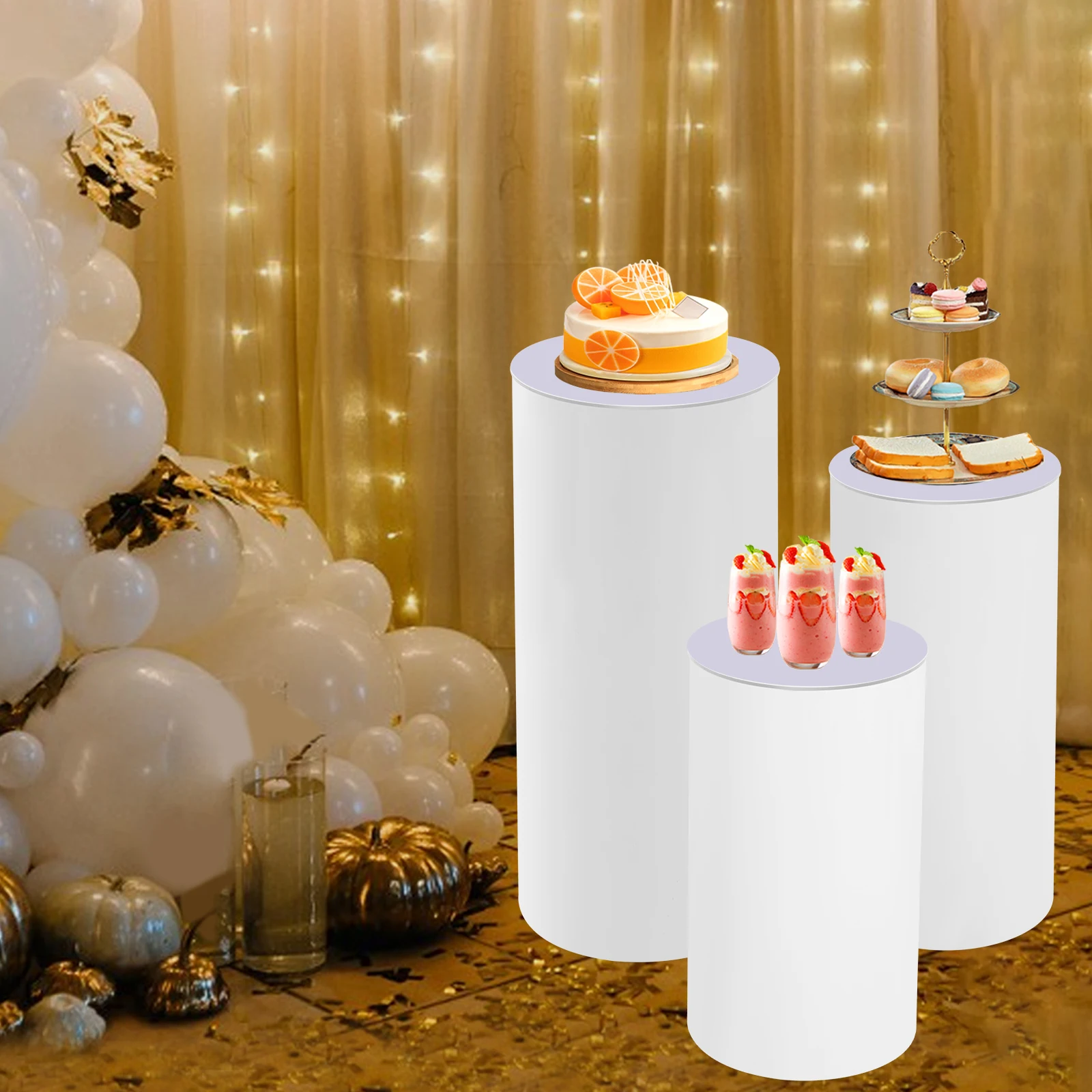 

3pcs Cylinder Pedestal Stand Cake Display Table White Weddings Showcase Shelf for Wedding, Store, Birthday