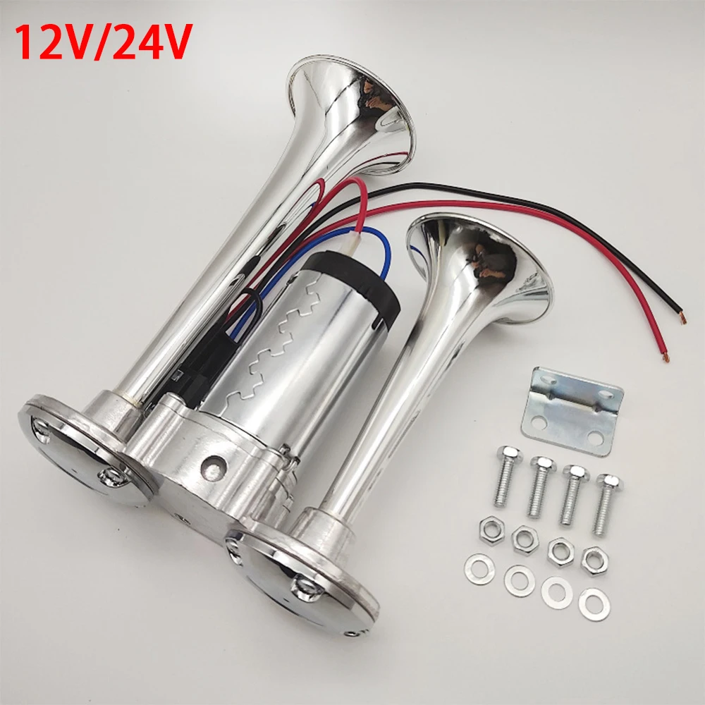 12V 24V Dual Trumpet Electric Air Horn Super Loud Waterproof Car Truck Motorcycle RV Boat Horn Kit with Relay Mount Accessories
