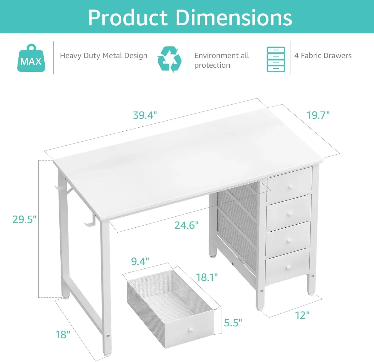 Escritorio blanco pequeño con cajones para niños, escritorio de estudio para niños, niñas y adolescentes, mesa de escritura para computadora,