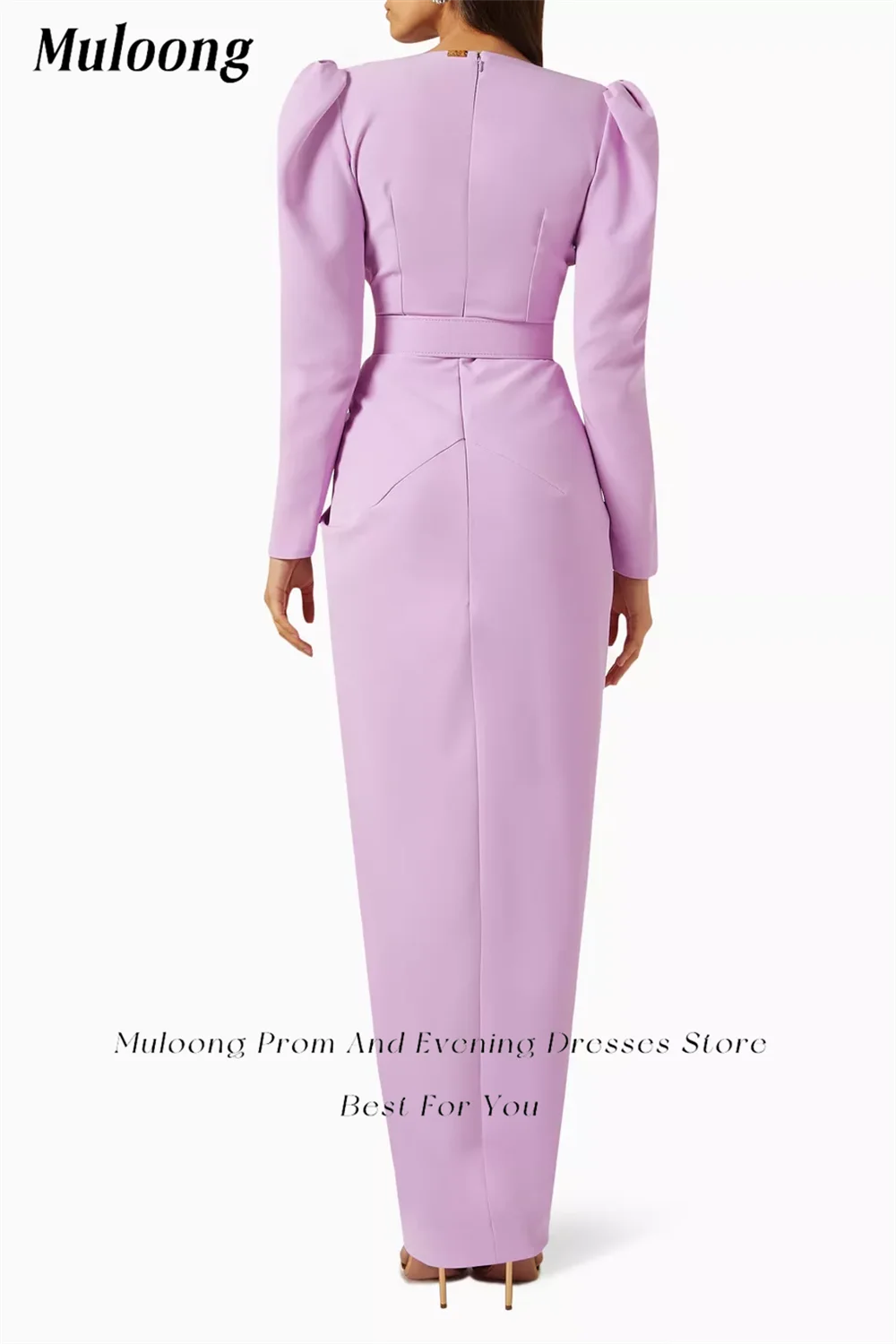 Muloong Lavender V Neck Mermaid Midi Dress Faux Wrap-front Front Split Puff Shoulders Ankle Length Classic Luxury Evening Dress