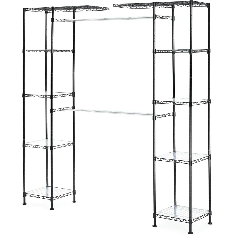 Expandable Metal Hanging Storage Organizer Rack Wardrobe with Shelves, Black, 57''- 80''L x 14''W x 72''H