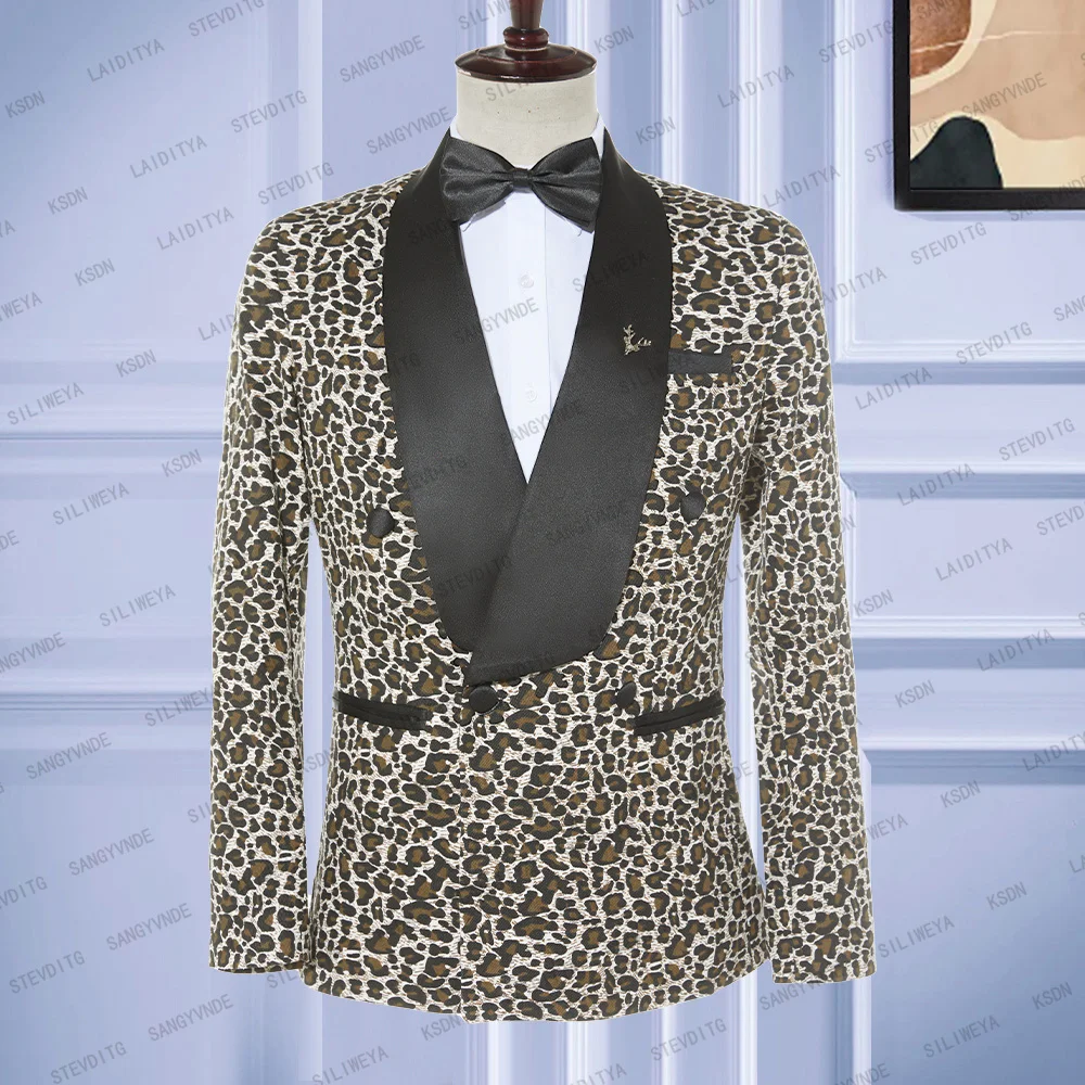 

2023 New Fashion Men's Casual Boutique Business Black Satin Shawl Lapel Suit Male Leopard Printed Wedding Blazers Jacket Coat