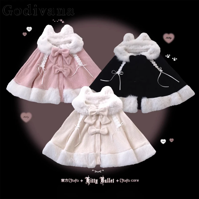 الألغام اليابانية لوليتا مقنعين عباءة للنساء الفتيات لطيف القوس الحلو الوردي العباءات السيدات الرؤوس Y2k سترة قصيرة شتاء جديد 2025