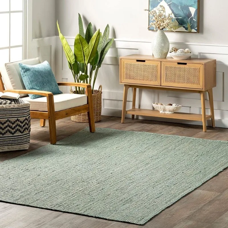 

Rug Jute Square Sea Green Carpet Natural Hand Braided Farmhouse Modern Rustic