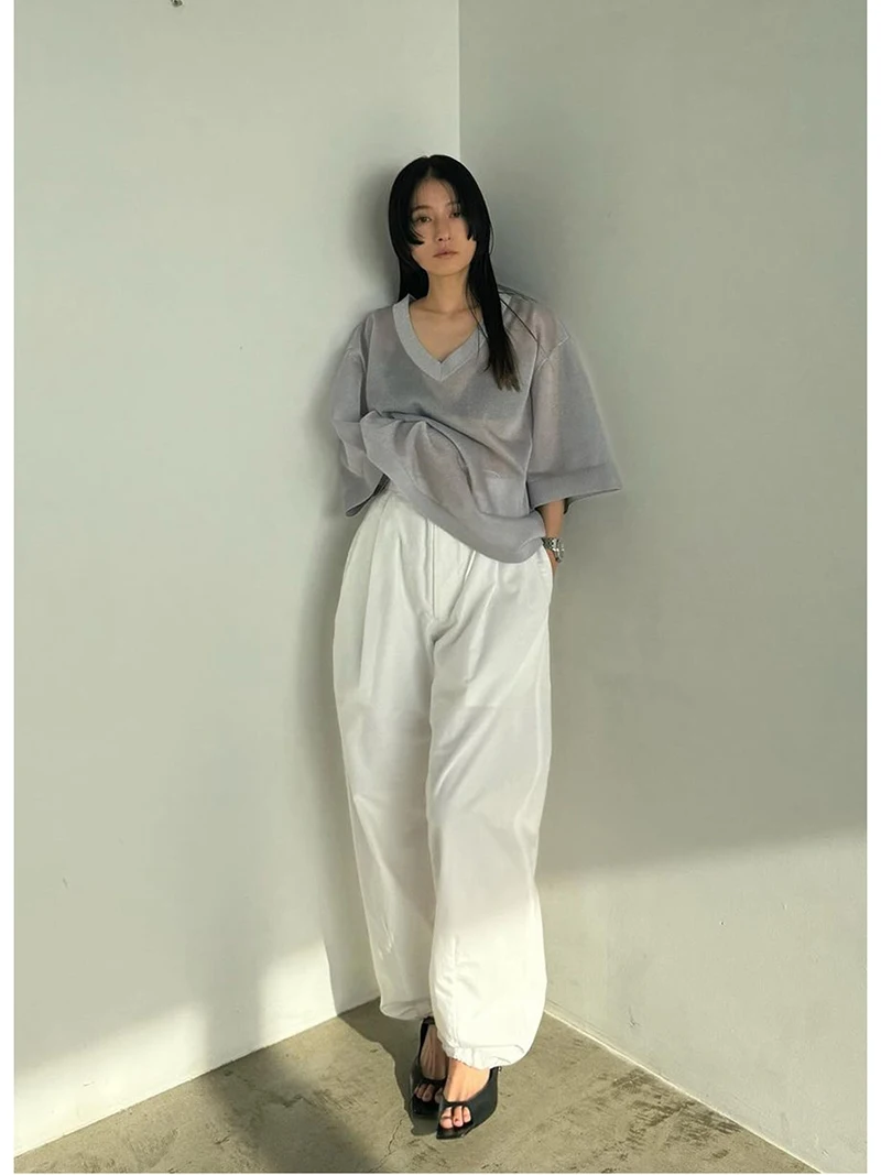 

High Waist Wide Leg Pants Casual Cotton Workwear Style Drawstring Elastic Waist Straight Cut Trousers for Women Spring Summer