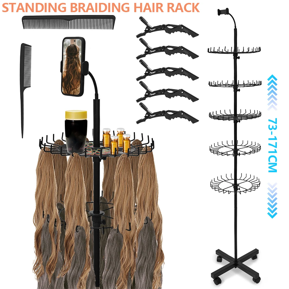 

Standing Braiding Hair Rack Adjustable Height Hair Extension Holder with Phone Holder DIY Hair Braiding Tools for Hairstylists