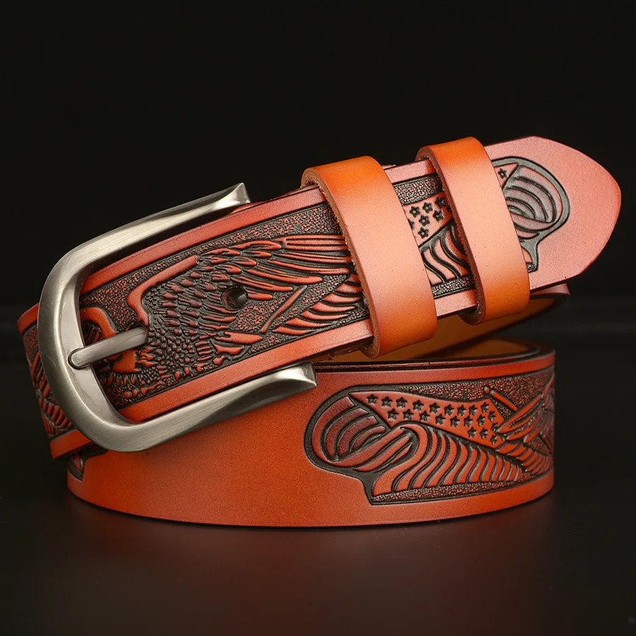 New Luxury Designer Genuine Leather Men\'s Belt Alloy Buckle Eagle Carved Belts Men\'s Personalized Casual Pin Buckle Jeans Belts