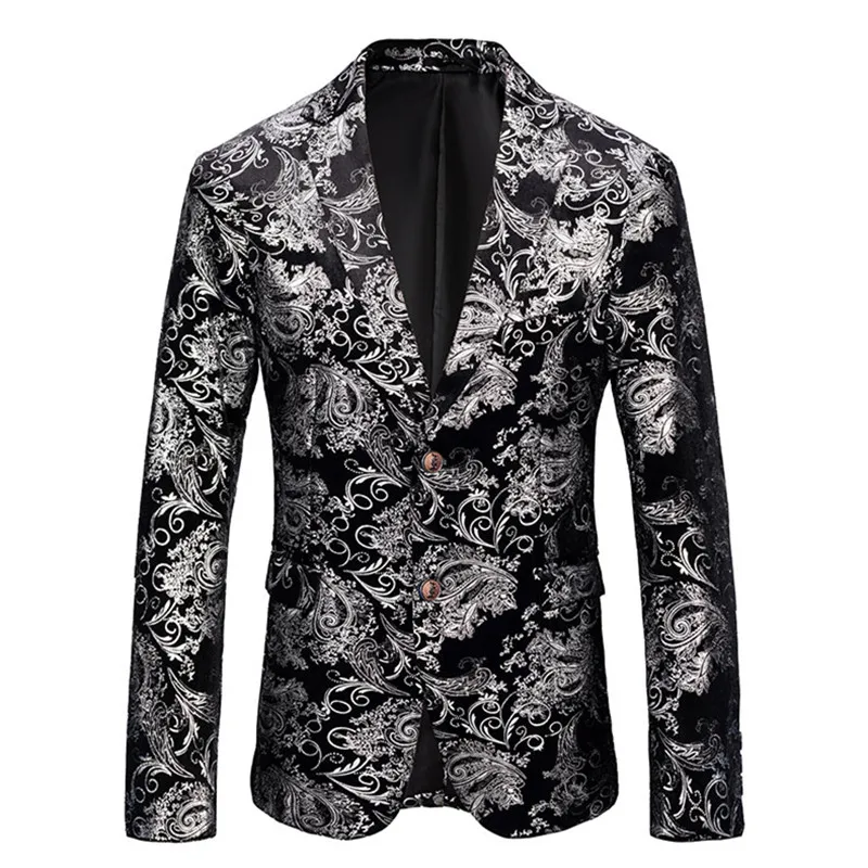 Lüks altın kadife Suit ceketler erkekler İş sosyal düğün damat smokin elbise Homme Slim Fit tek göğüslü baskılı Blazers