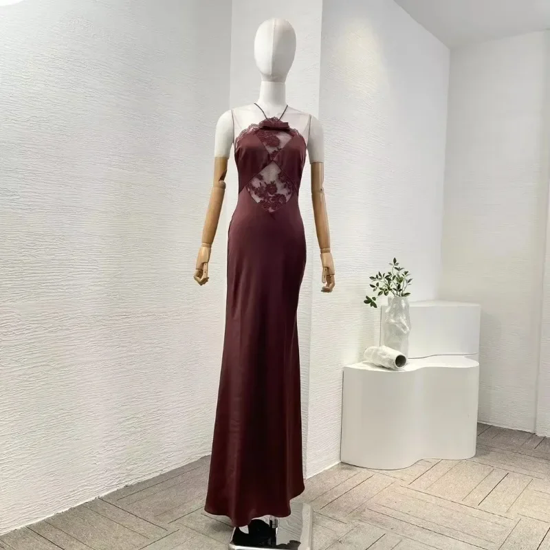 2024 New Brown Satin Sleeveless Lace Patchwork Halter Backless Dress Women's Evening Maxi Cocktail Dresses Holiday