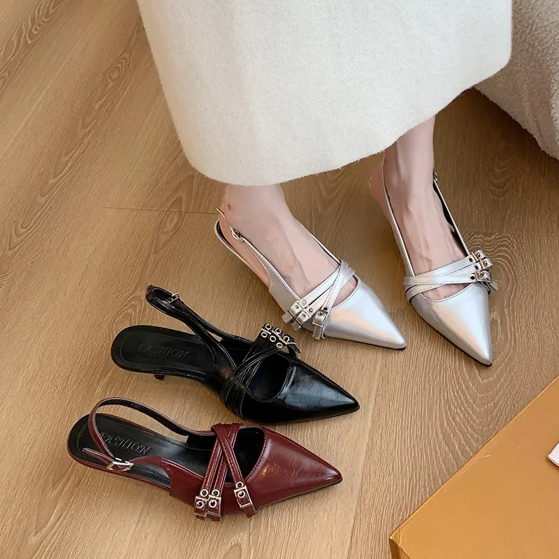 2025 Summer Fashion Women's High Heels, Pointed Leather Pu Party Shoes, Fashionable Buckle Decorated Women's High Heels
