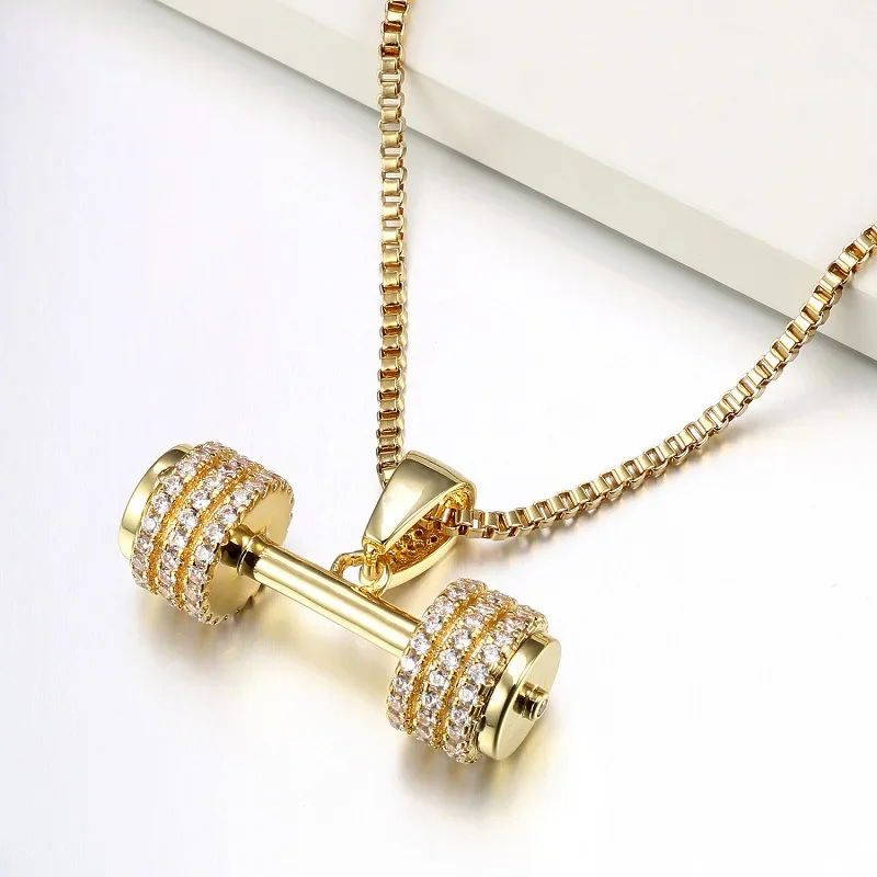 Fashion Dumbbell Pendant Necklace Filled Zircon Iced Out Rhinestone Hip Hop Necklace for Men Women Jewelry Accessories