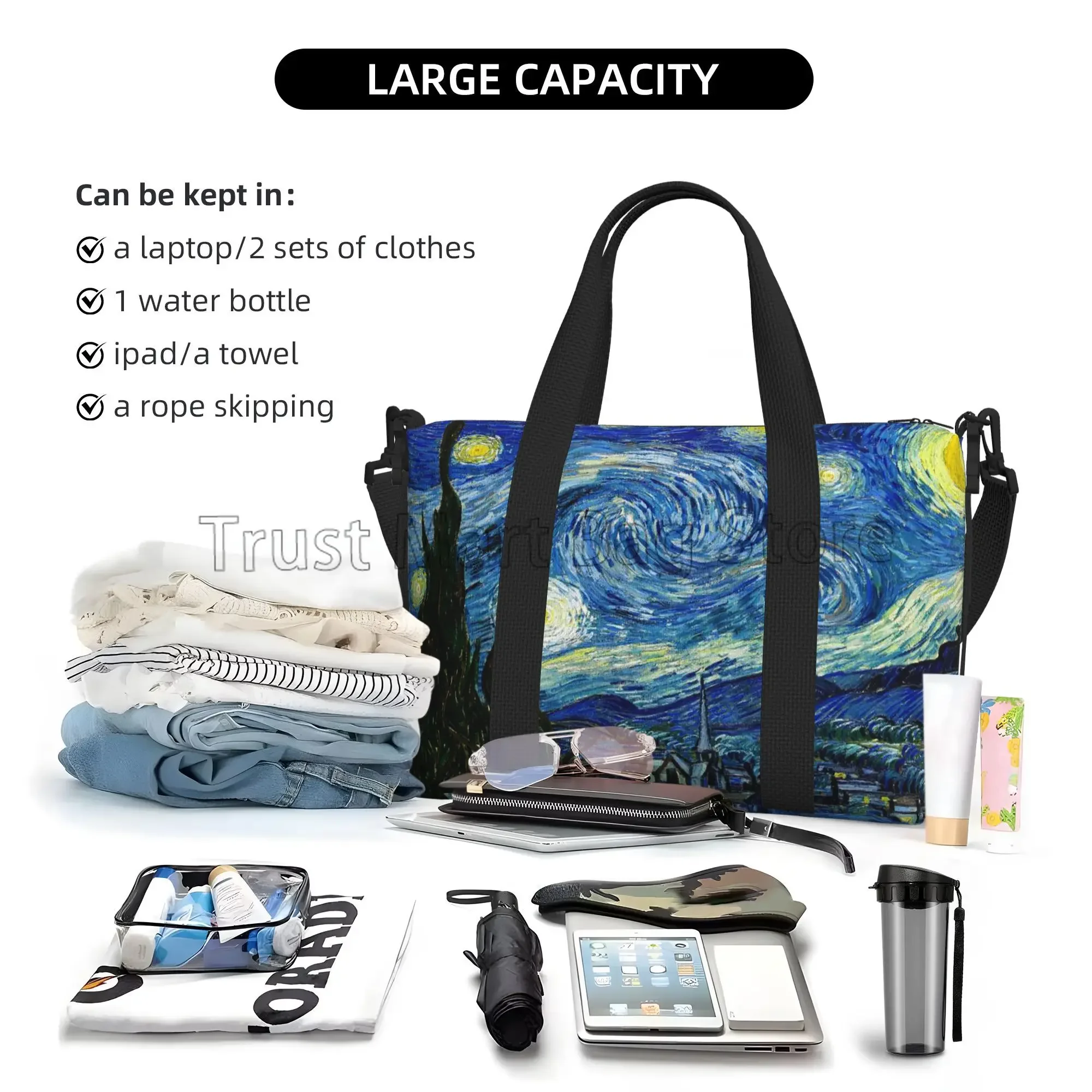 Van Gogh Starry Night Travel Duffel กระเป๋า Unisex Casual ออกกําลังกายกระเป๋าเดินทางแบบพกพากระเป๋ากันน้ํา Weekender กระเป๋าข้ามคืน