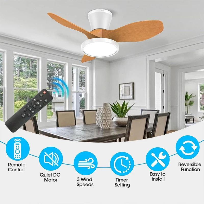 Ceiling Fans With LED Lamp High Wind 3 Speed Silent Fans Light Modern Retro Design Remote Control for Bedroom Living Room Decor