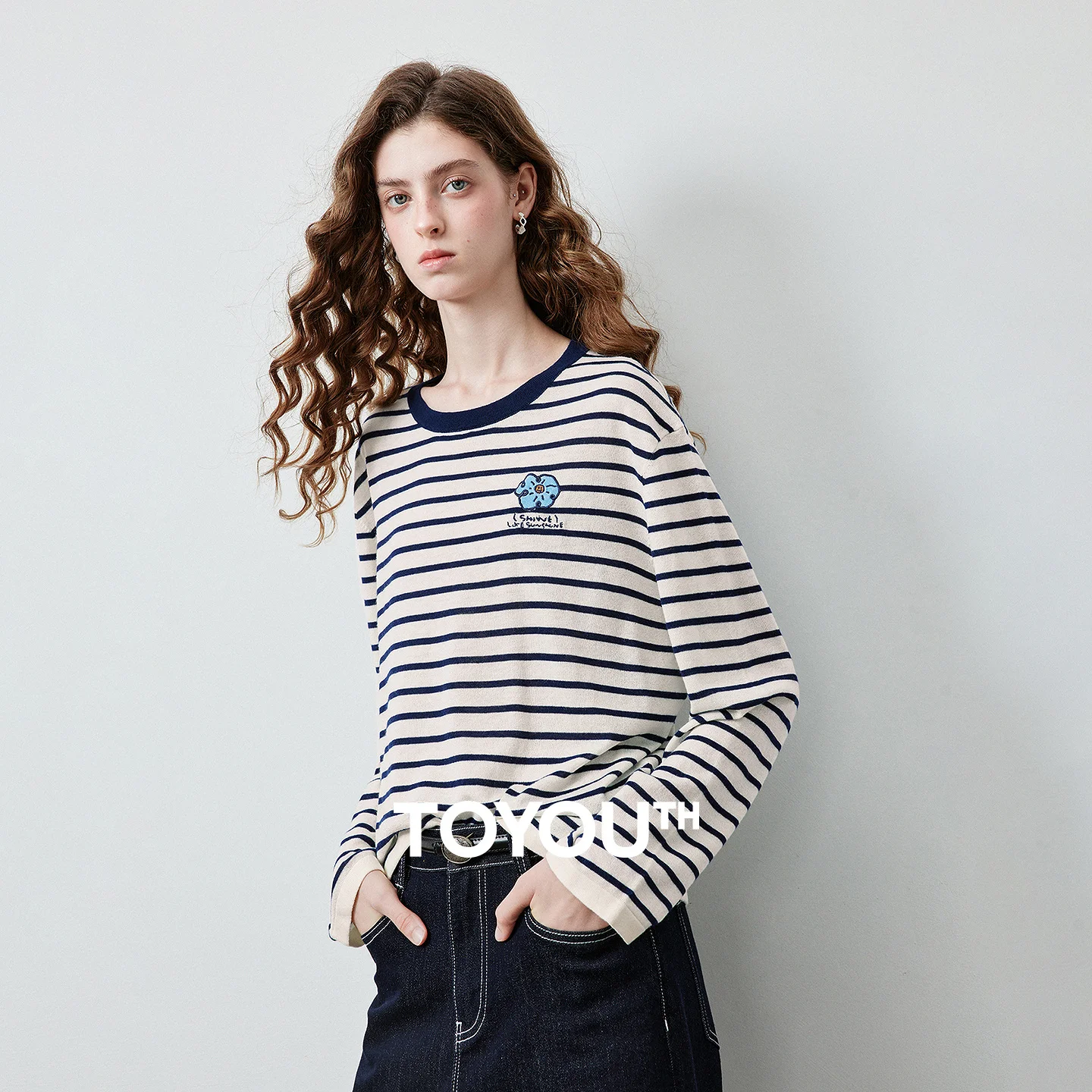TOYOUTH Women's Wool Blend Striped Knit Top 2026 Fall New Arrival Crew Neck Embroidery Preppy Early Fall Top