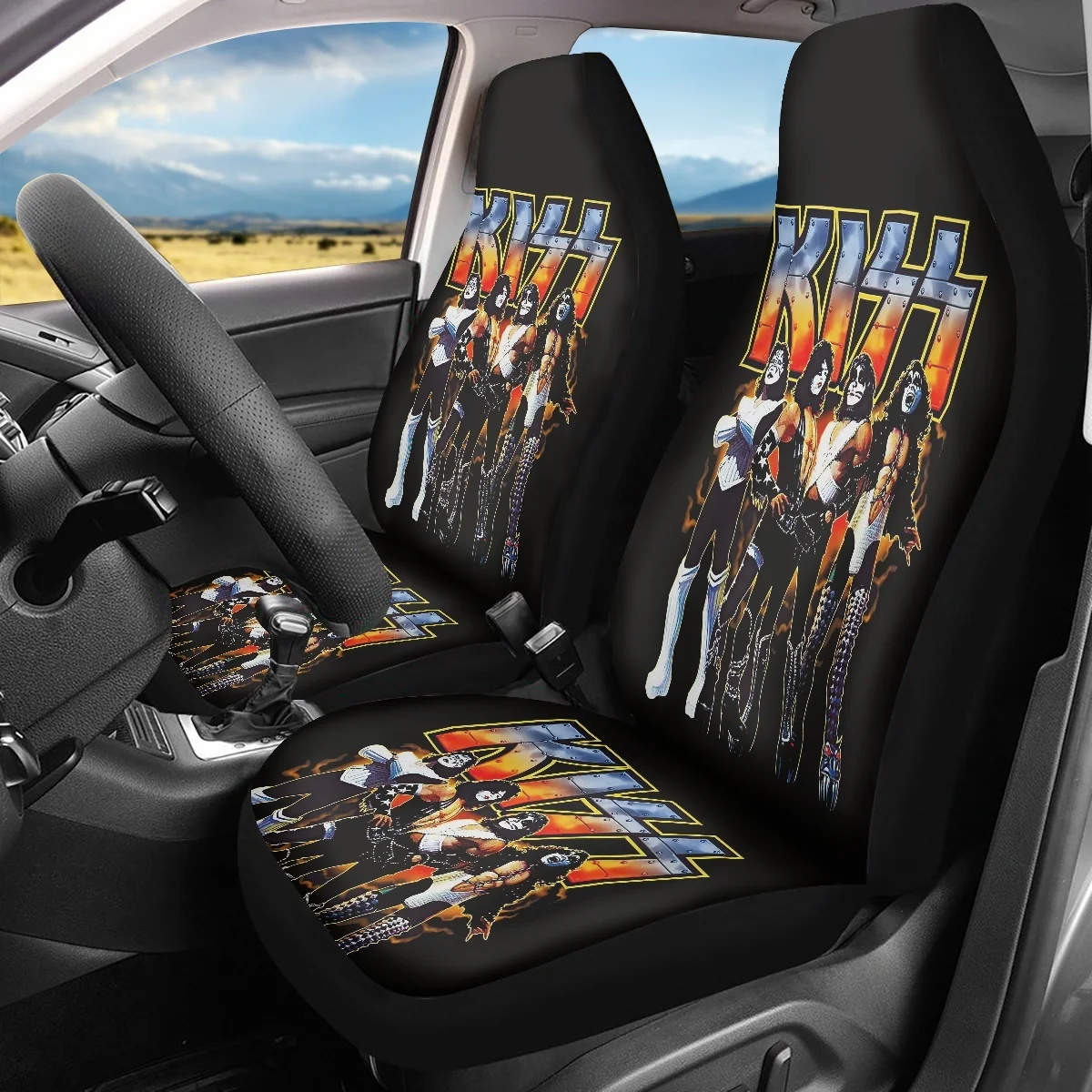 Car Front Seat Cover Set Rock Band Singer Kiss Brand Design Easy Installation Washable Cushion Interior Spare Parts Custom Image