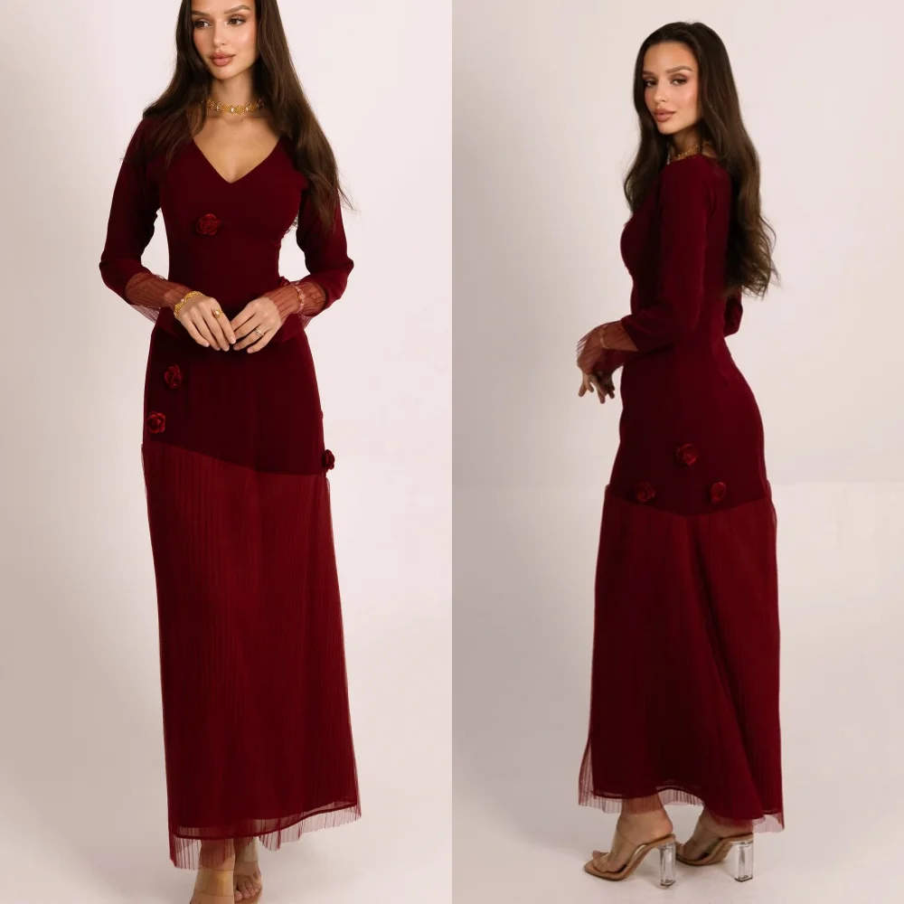 

Customized Sexy Fashion Jersey Flower Pleat Straight V-neck Midi Dresses Bespoke Occasion Dresses Sizes Available High Quality