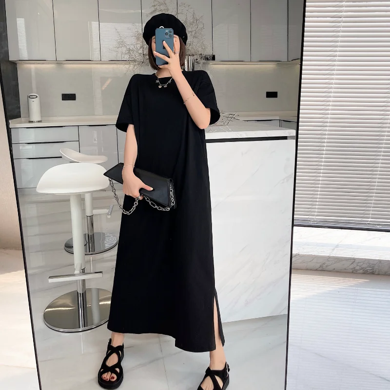 New 2024 Spring Summer Women\'s Dresses Korean Style T-Shirts Dress Black Color Lady Vestido Female Robe Simple Clothing K232