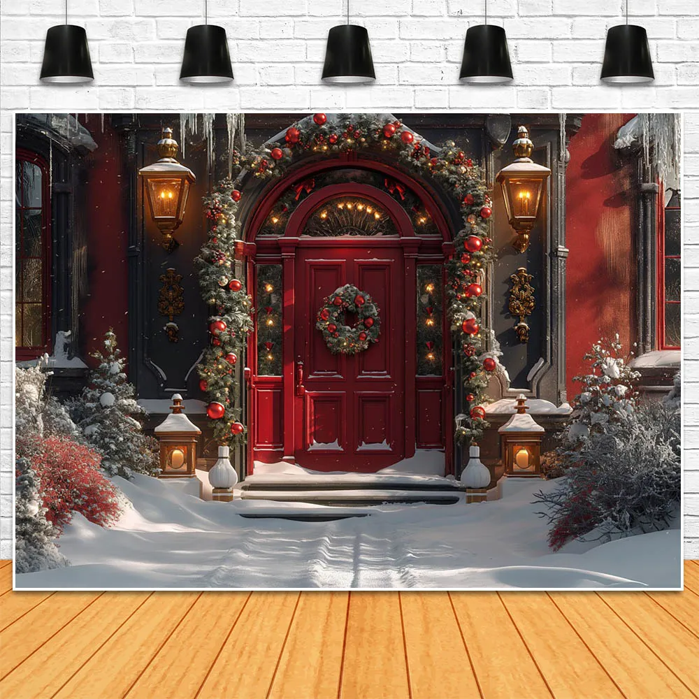 Mocsicka-写真、冬の雪の木、クリスマスリース、女性の肖像画、写真の背景の小道具のためのクリスマスの赤い壁とドアの背景