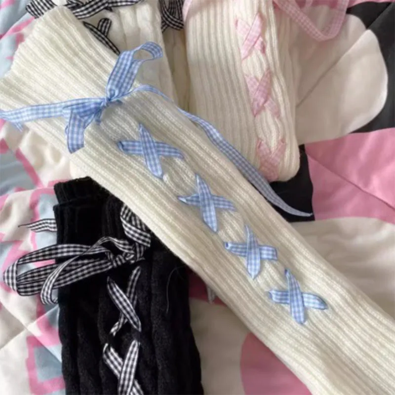 Japanese Style Female Kawaii Knitted Arm Cover for Girl Sweet Breathable Lolita Bow Half Finger Hand Sleeve Cover Leg Warmers