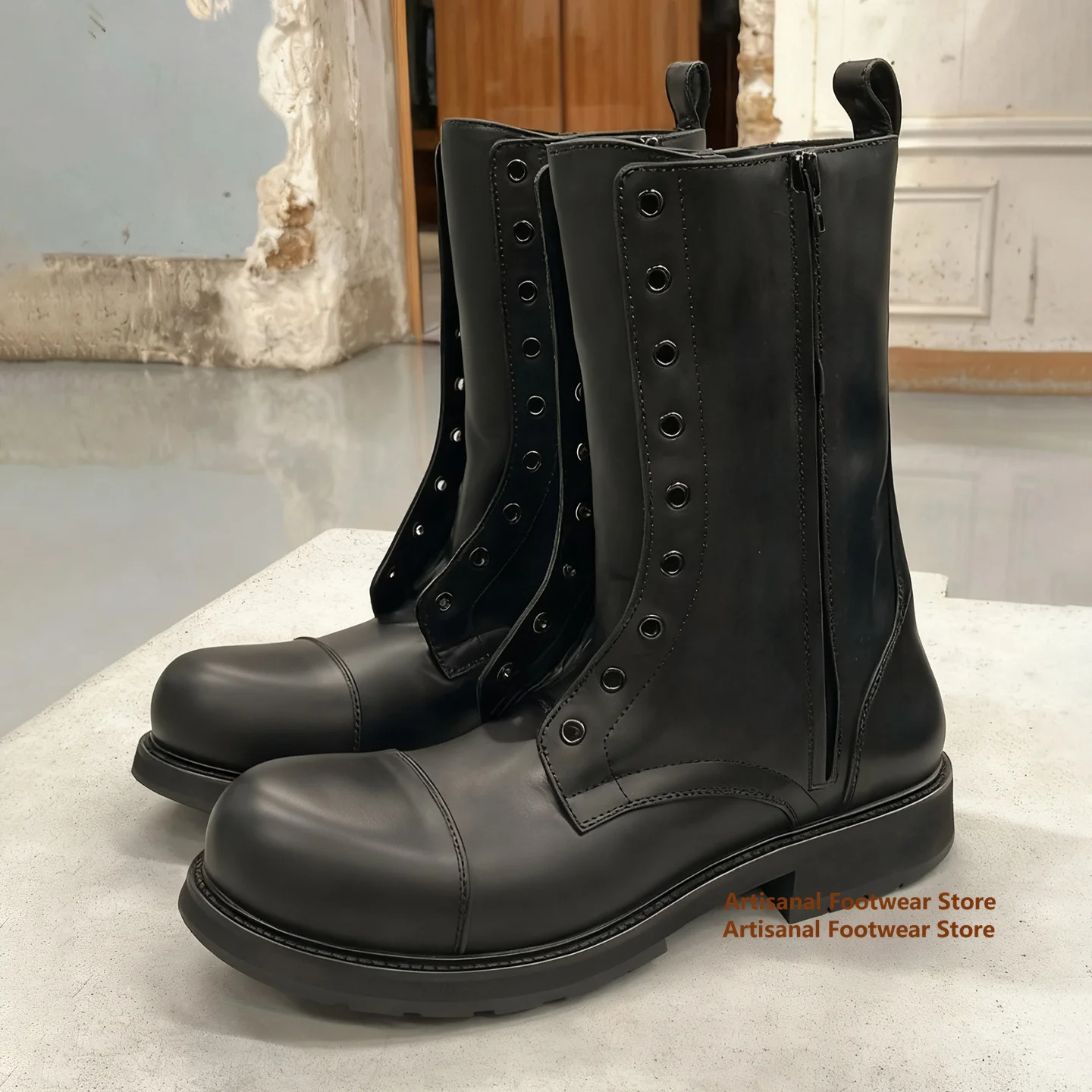 High Top Lace Up Motorcycle Boots Men's Shoe British Style Luxury Designer Side Zipper Height Increasing Men's Boots Botas Mujer