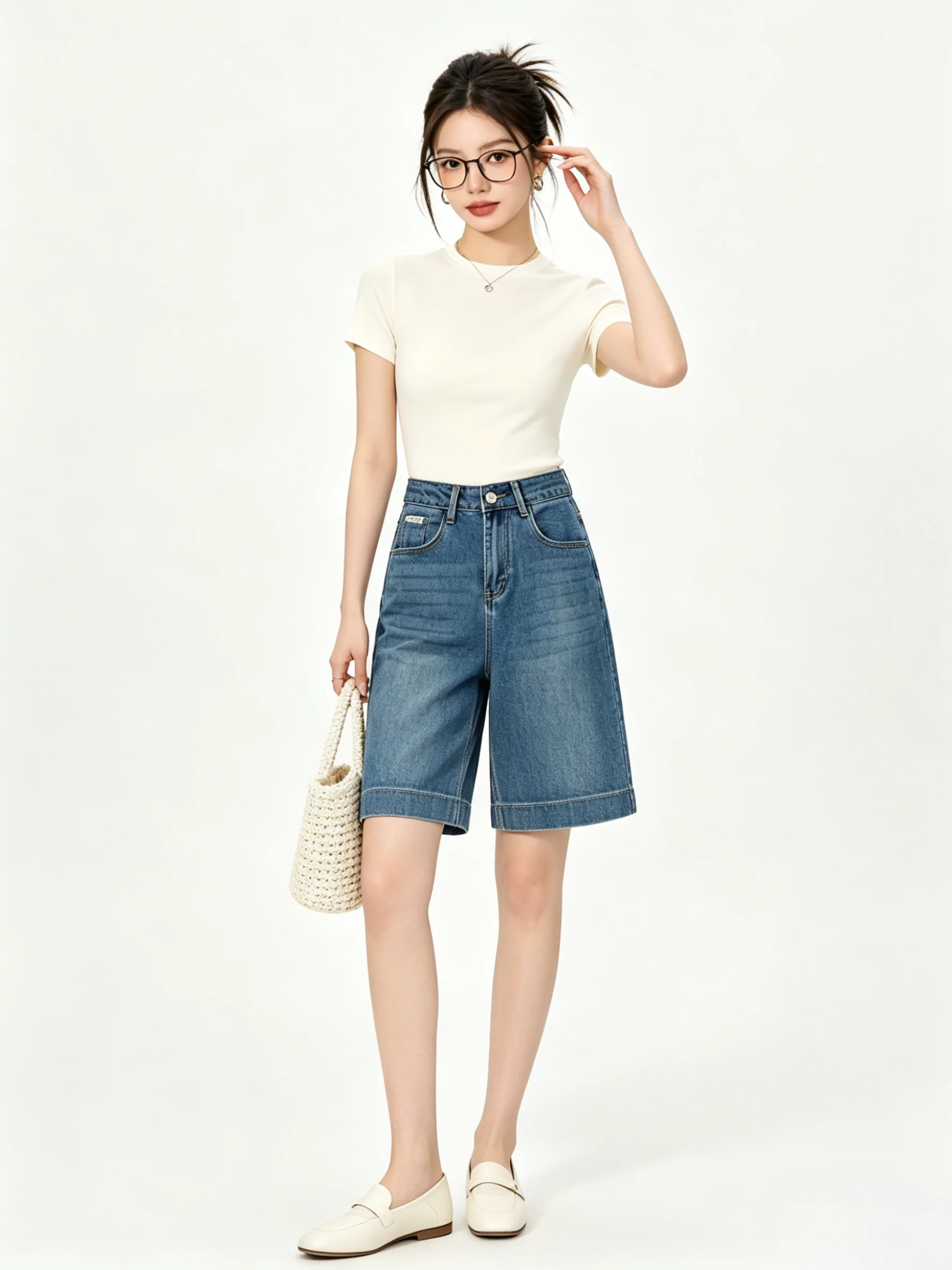 

Skin-Friendly Pure Color Simple Korean Style Wide Leg Jeans Loose Fit Summer Slimming Five-Quarter Length Versatile Small Sta...