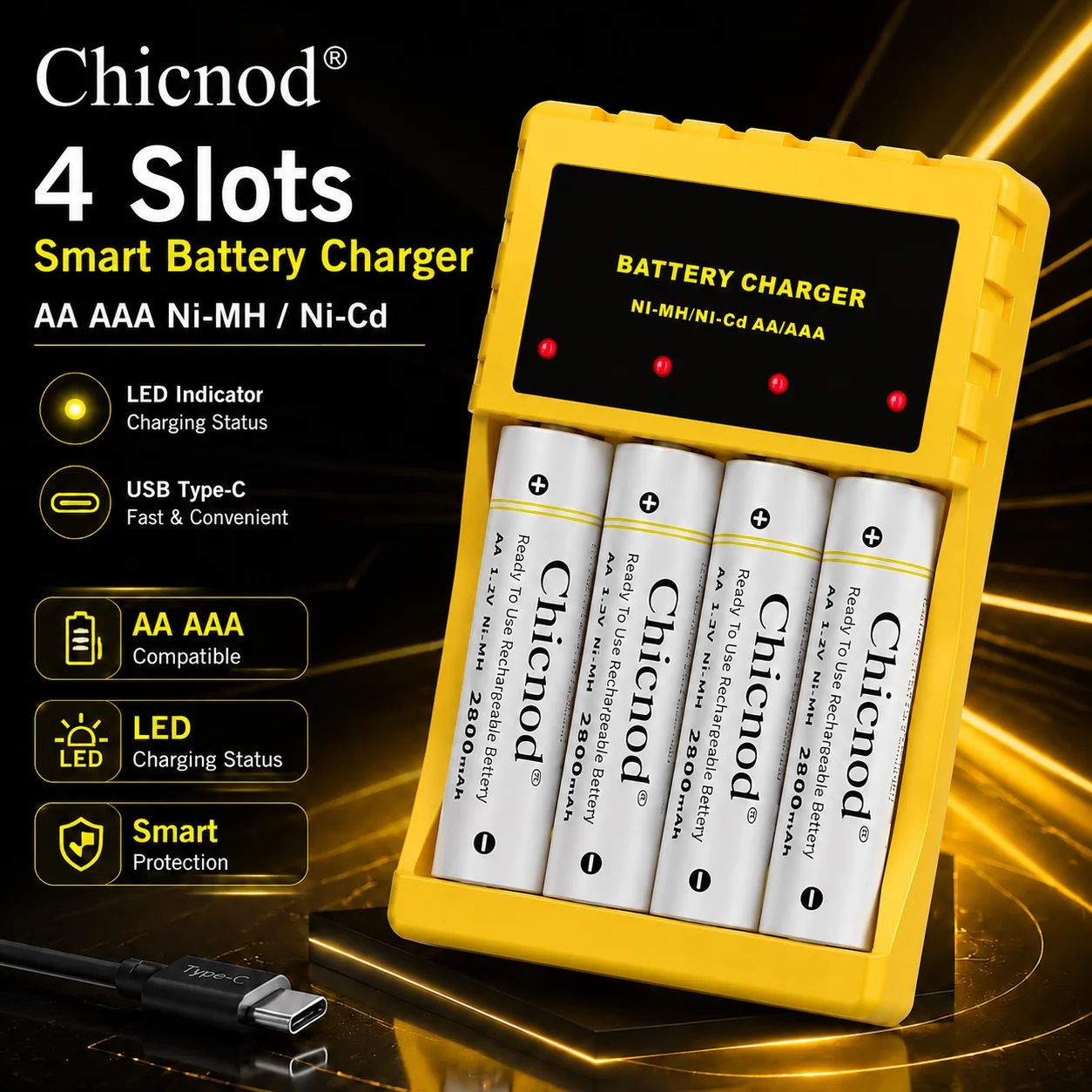 Chicnod N409 AA AAA Battery Charger Ni-MH Ni-Cd Rechargeable Battery Charger 4 Slot LED Indicator USB Type-C Smart Charger
