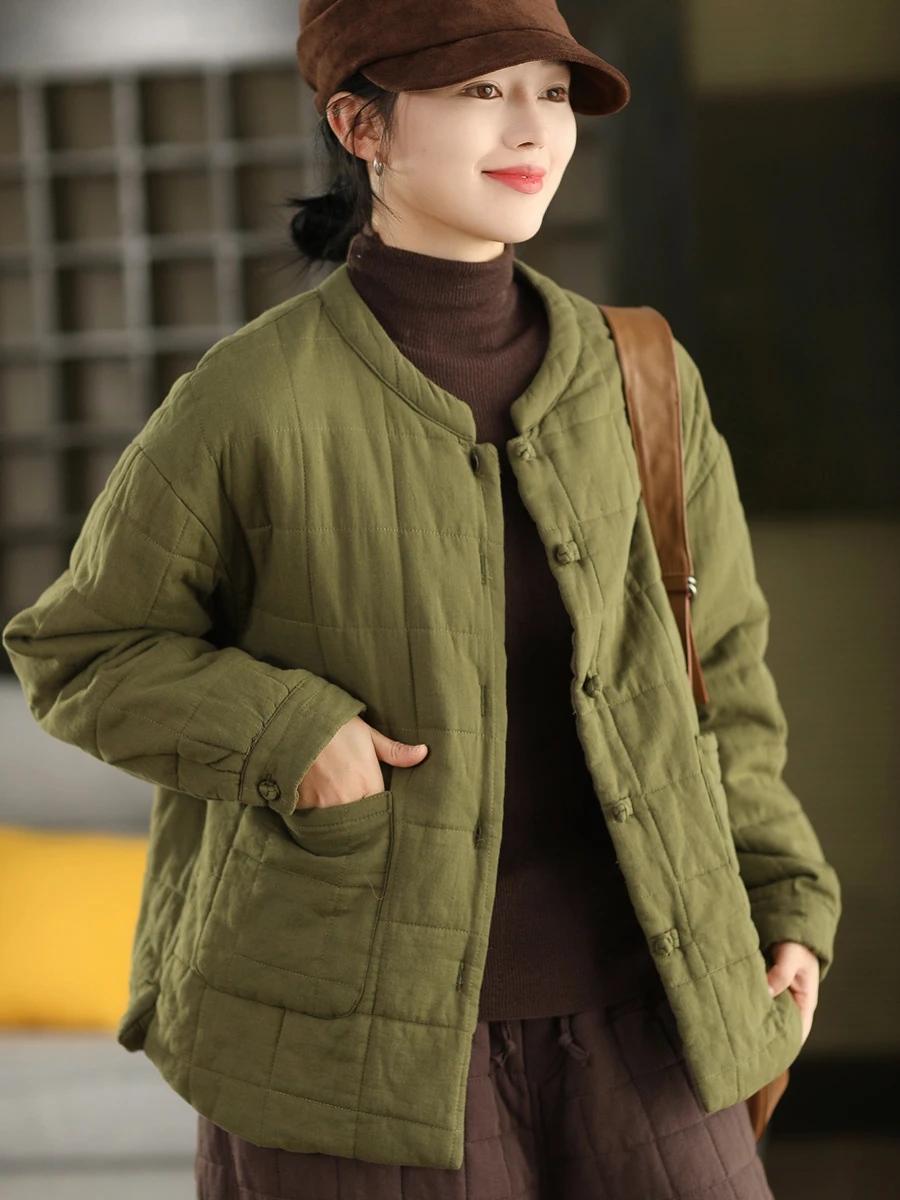 

Ретро зимняя куртка из 100% хлопка с вышивкой, на пуговицах, в китайском стиле, художественная, тонкая, стеганая, с круглым вырезом, длинными рукавами