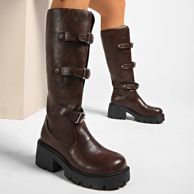 2026 Autumn Winter Fashion Style Leather Boots Women's Western Knight Boots Round Toe Thick Bottom High Top Buckle Fastening