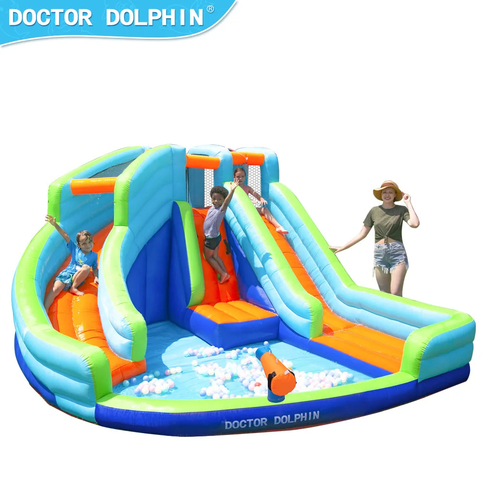 Doctor Dolphin tobogán acuático inflable al aire libre castillo saltador combinación de casa de rebote de pulverización de agua inflable al aire libre con soplador
