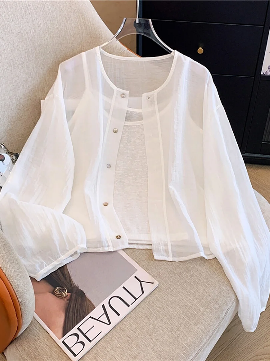 

Women's Thin Long Sleeve Sun Protection Shirt Summer Fashionable Strap Top Two-Piece Set Loose Fit Lantern Sleeve round Neck ...