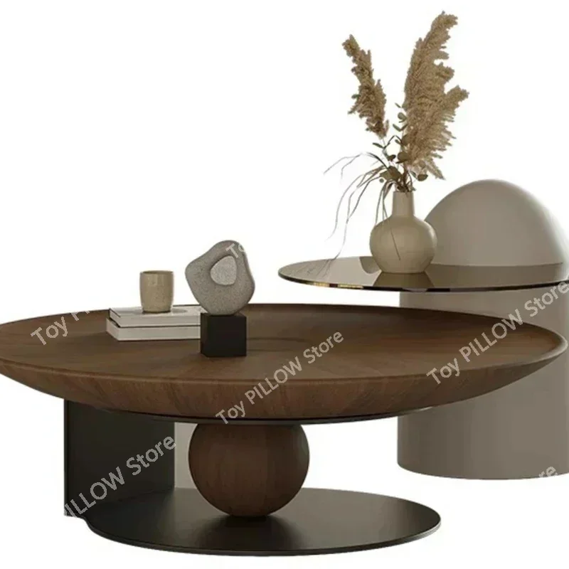 Italian coffee table luxury modern retro wooden living room  cabinet circular metal frame leg countertop center