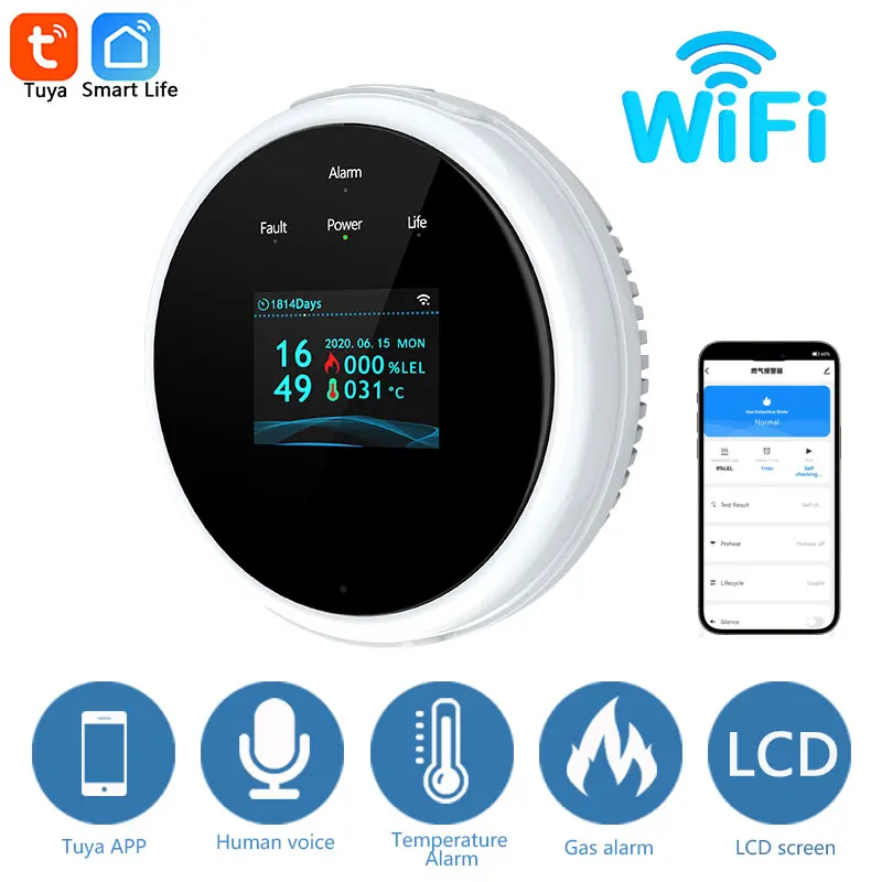 Tuya Wifi Natural Gas Leakage Detector Sensor Smart Alarm Gas Fire Security Digital LED Temperature Display for Home Kitchen