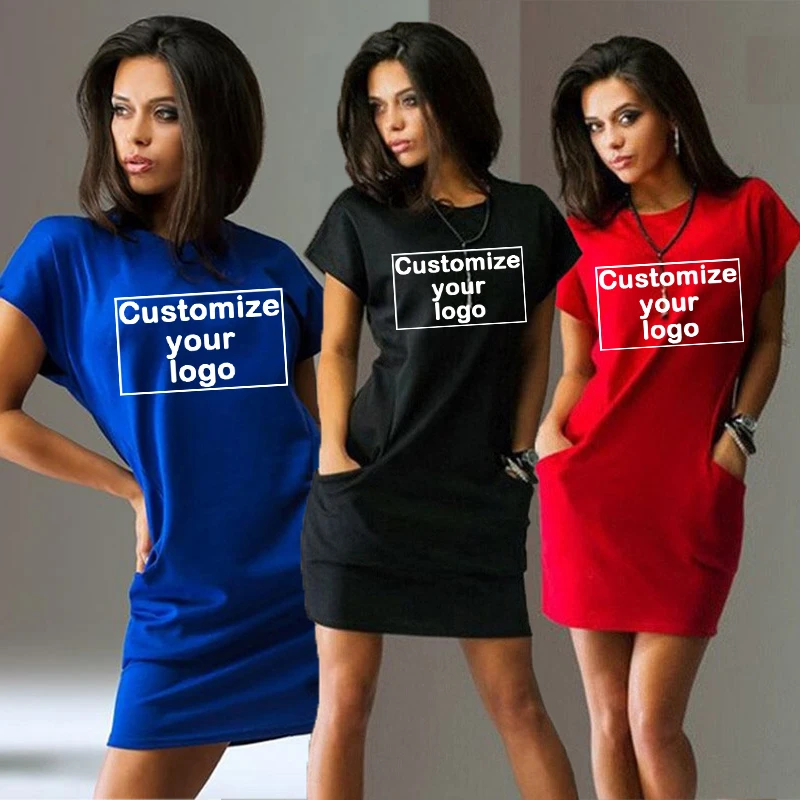 

Summer Women's Sexy Customization Your Logo Print Short Sleeve Mini Loose Dress Round Neck Short Sleeve Pocket Dress