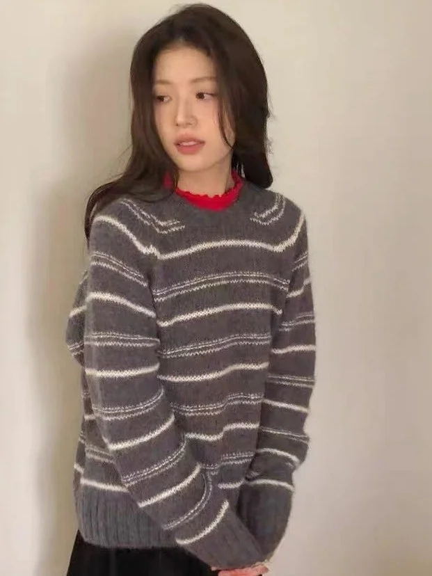

Шикарный винтажный женский вязаный свитер круглого цвета, свободный крой, мягкий полосатый узор Agel, универсальный осенне-зимний модный свитер