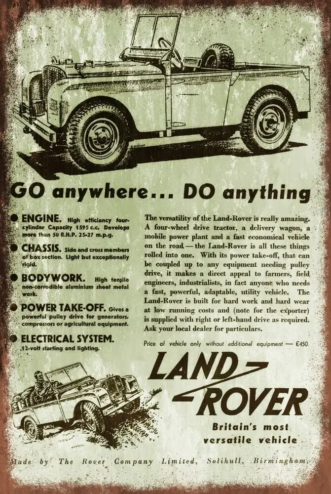 Land Rover Go Anywhere Advert Vintage Retro style Metal Sign, shed, garage,